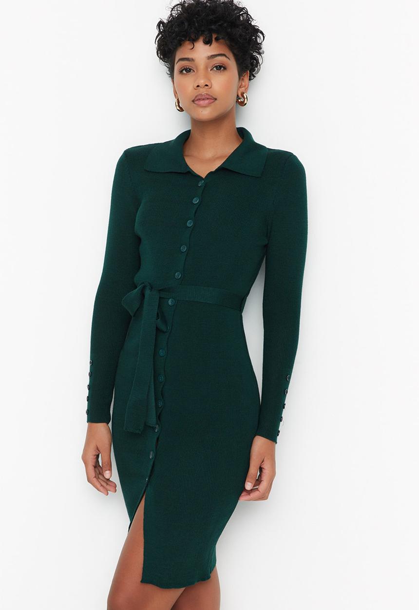 Trendyol - Tie waist button front knit dress - emerald green