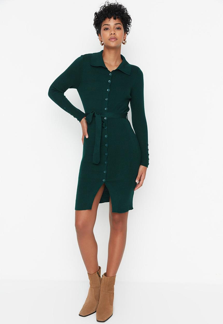 Trendyol - Tie waist button front knit dress - emerald green