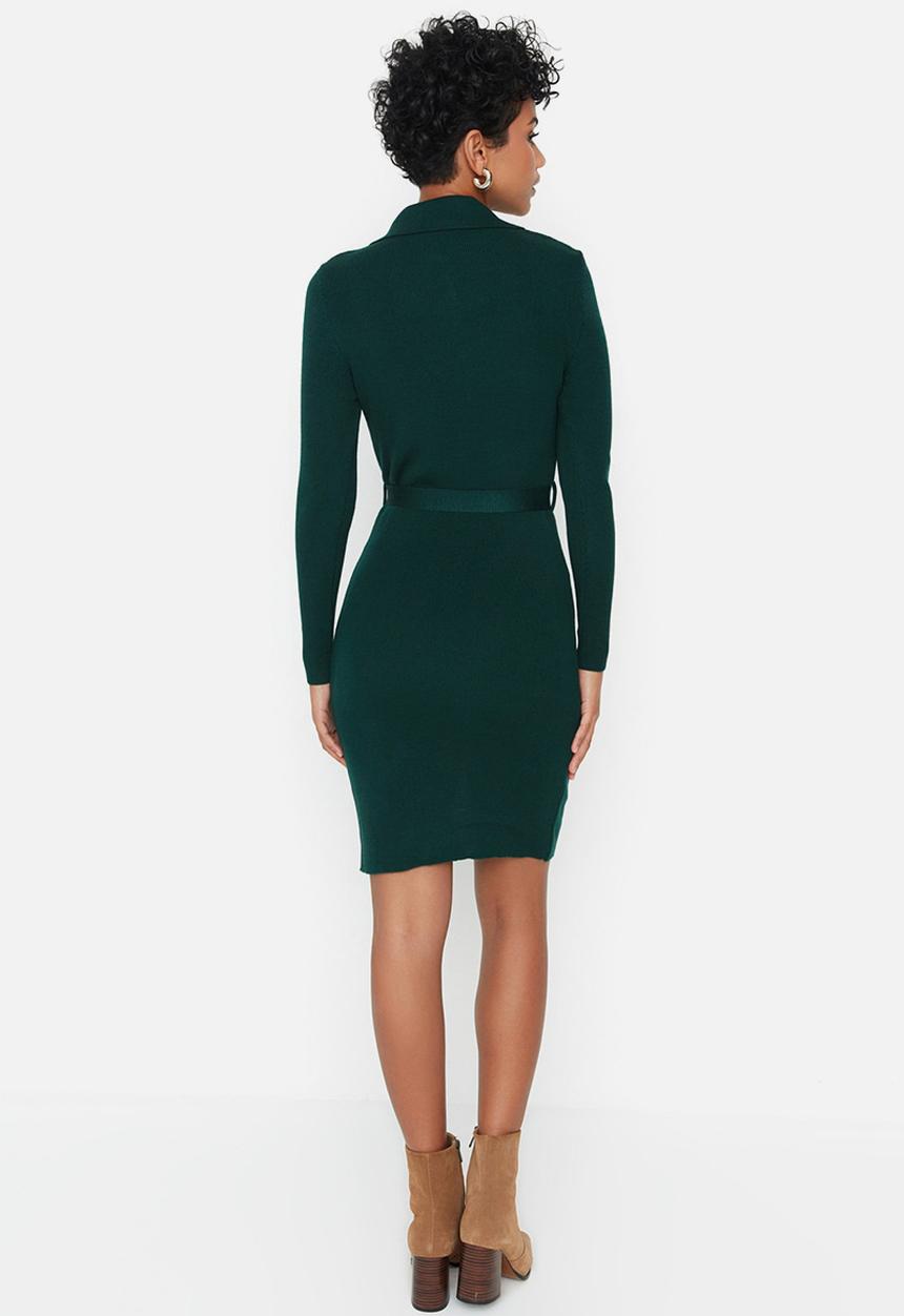 Trendyol - Tie waist button front knit dress - emerald green