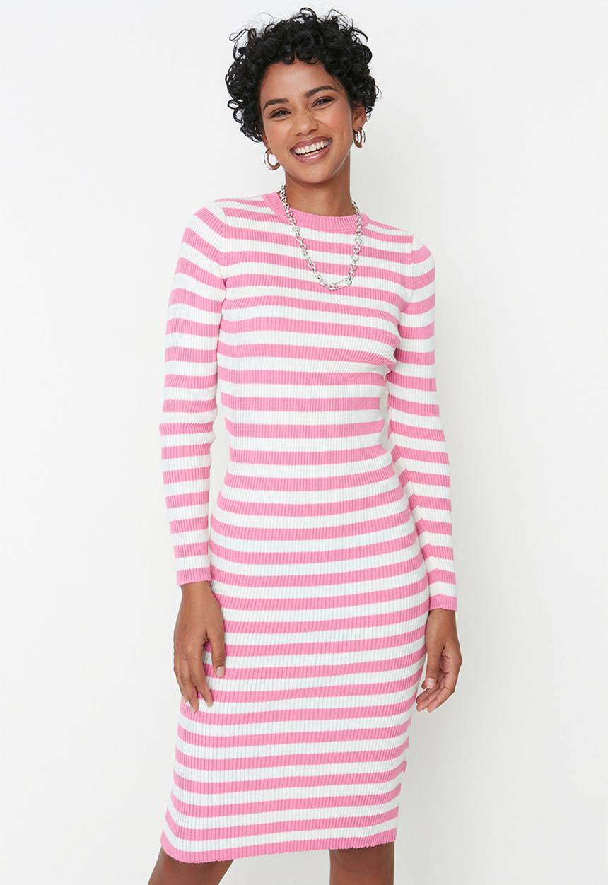 Trendyol - Striped high neck dress - pink
