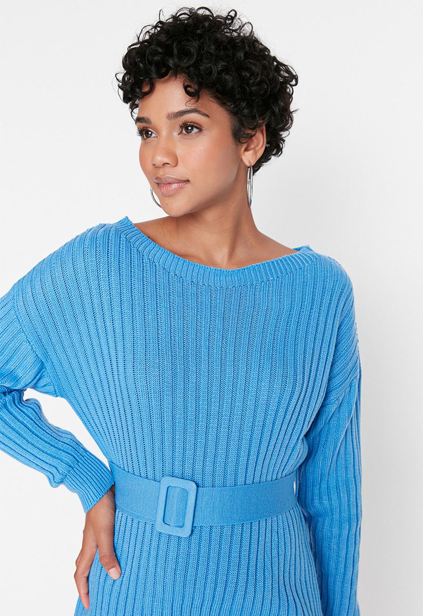 Trendyol - Belt detailed knit dress - blue