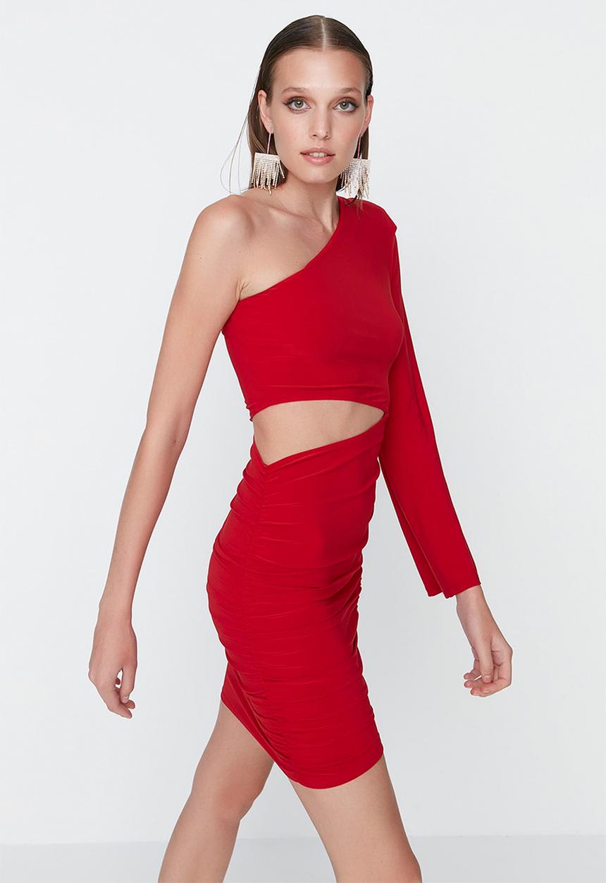 Trendyol - Asymmetrical sleeve mini dress - red