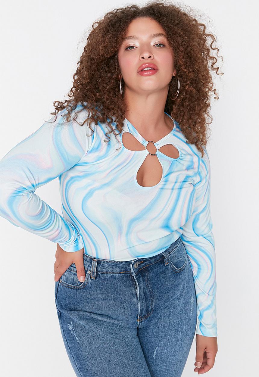 Trendyol - Plus patterned cutouit detail top - blue