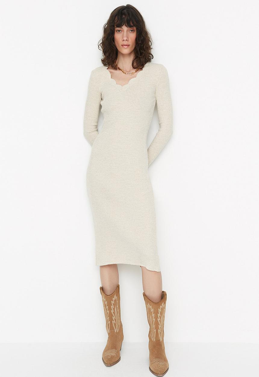 Trendyol - V neck knit dress - beige