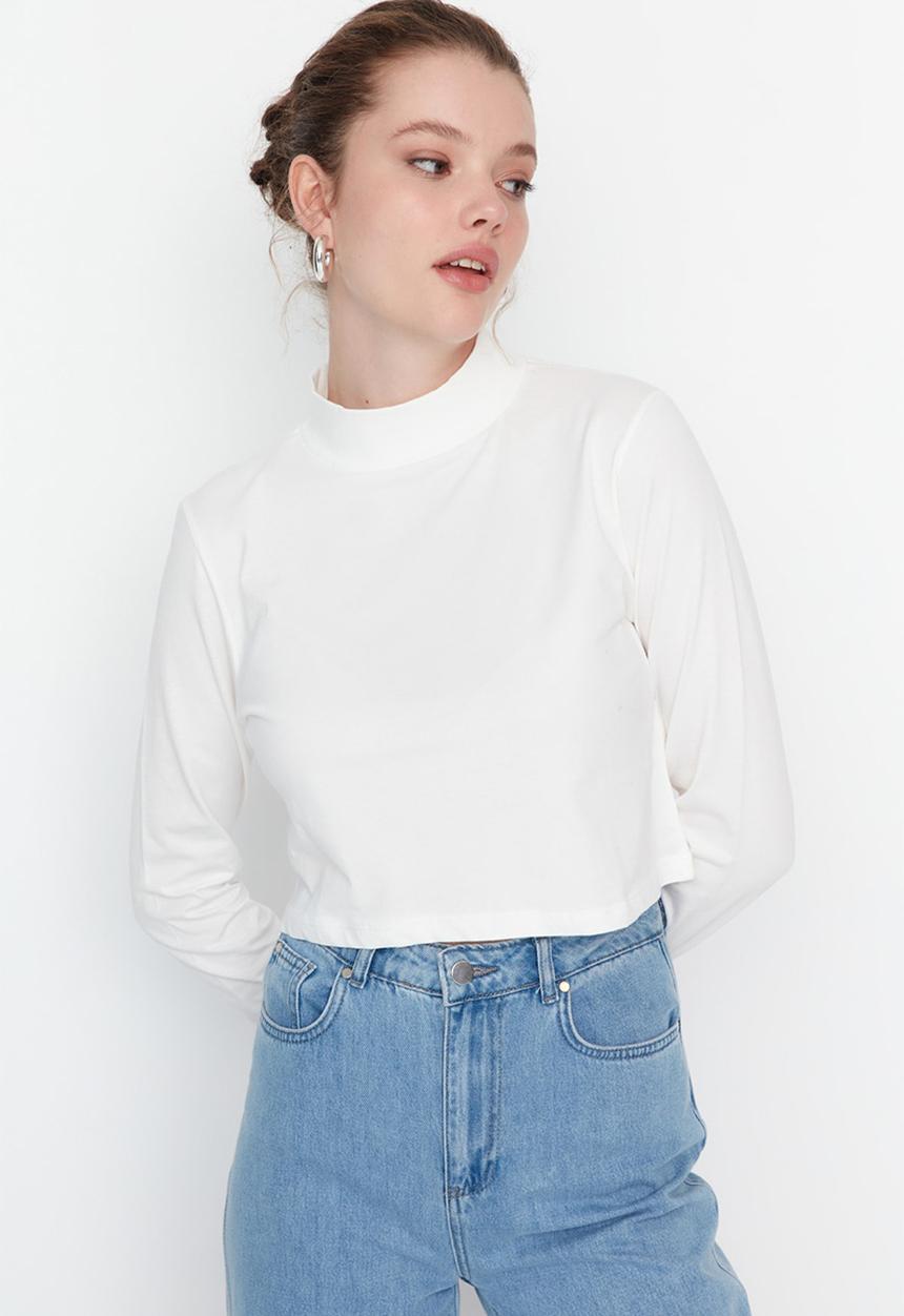 Trendyol - High collar crop top  - ecru