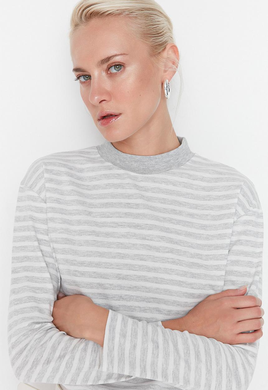 Trendyol - Striped high collar basic T-shirt - grey