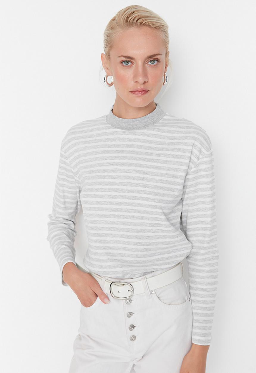 Trendyol - Striped high collar basic T-shirt - grey