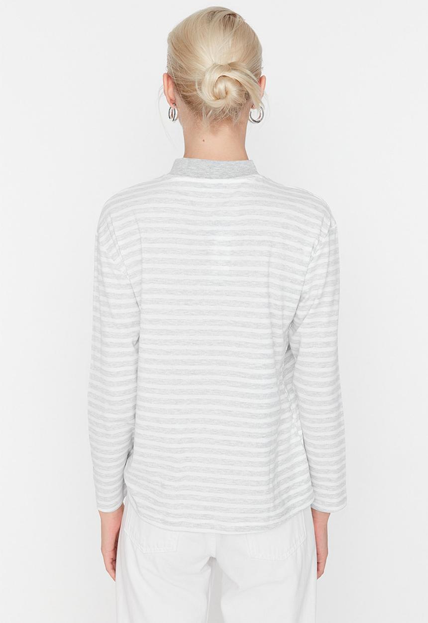 Trendyol - Striped high collar basic T-shirt - grey