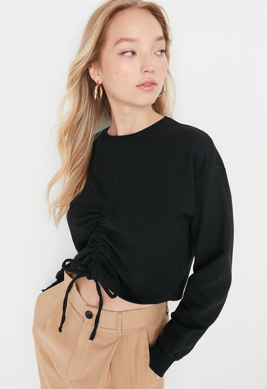 Trendyol - Ruched string crop sweatshirt - black