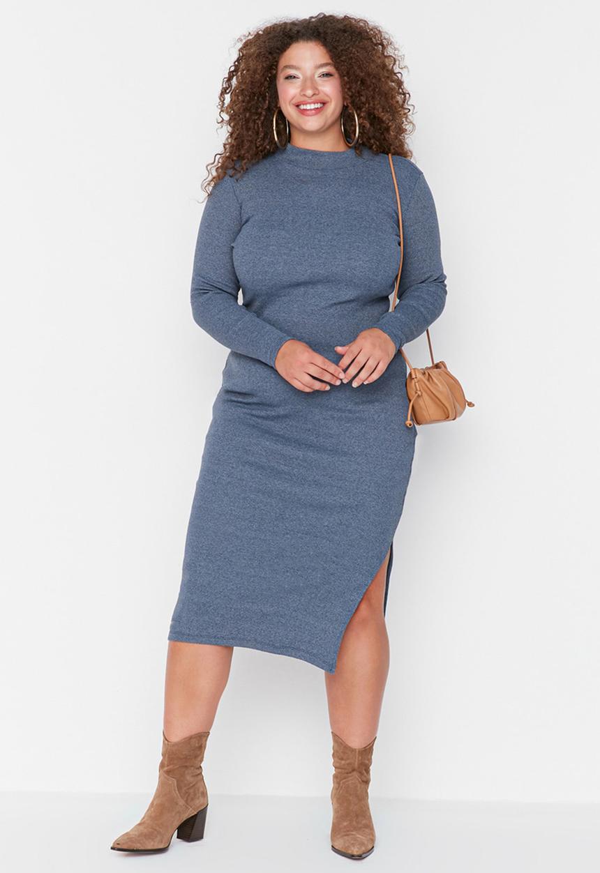 Trendyol - Plus slit detail long sleeve knit dress - blue