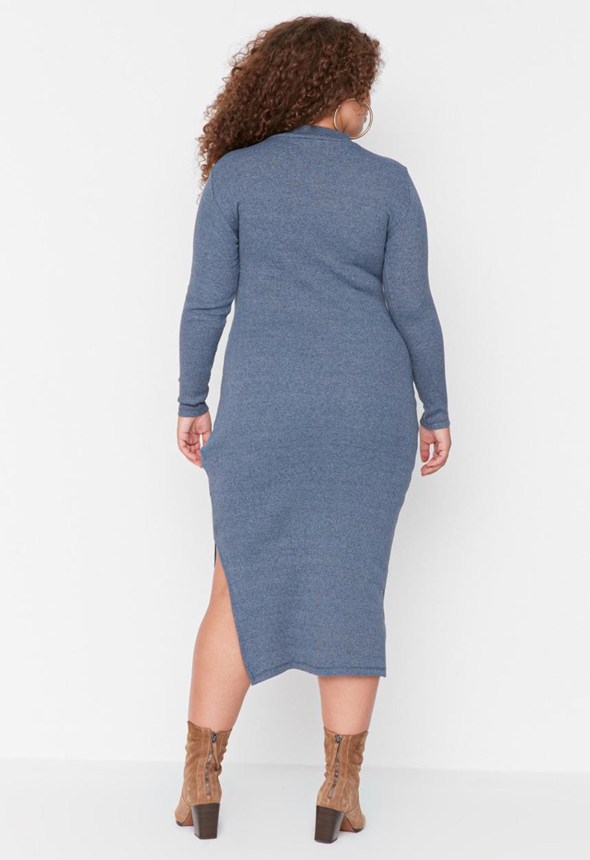Trendyol - Plus slit detail long sleeve knit dress - blue