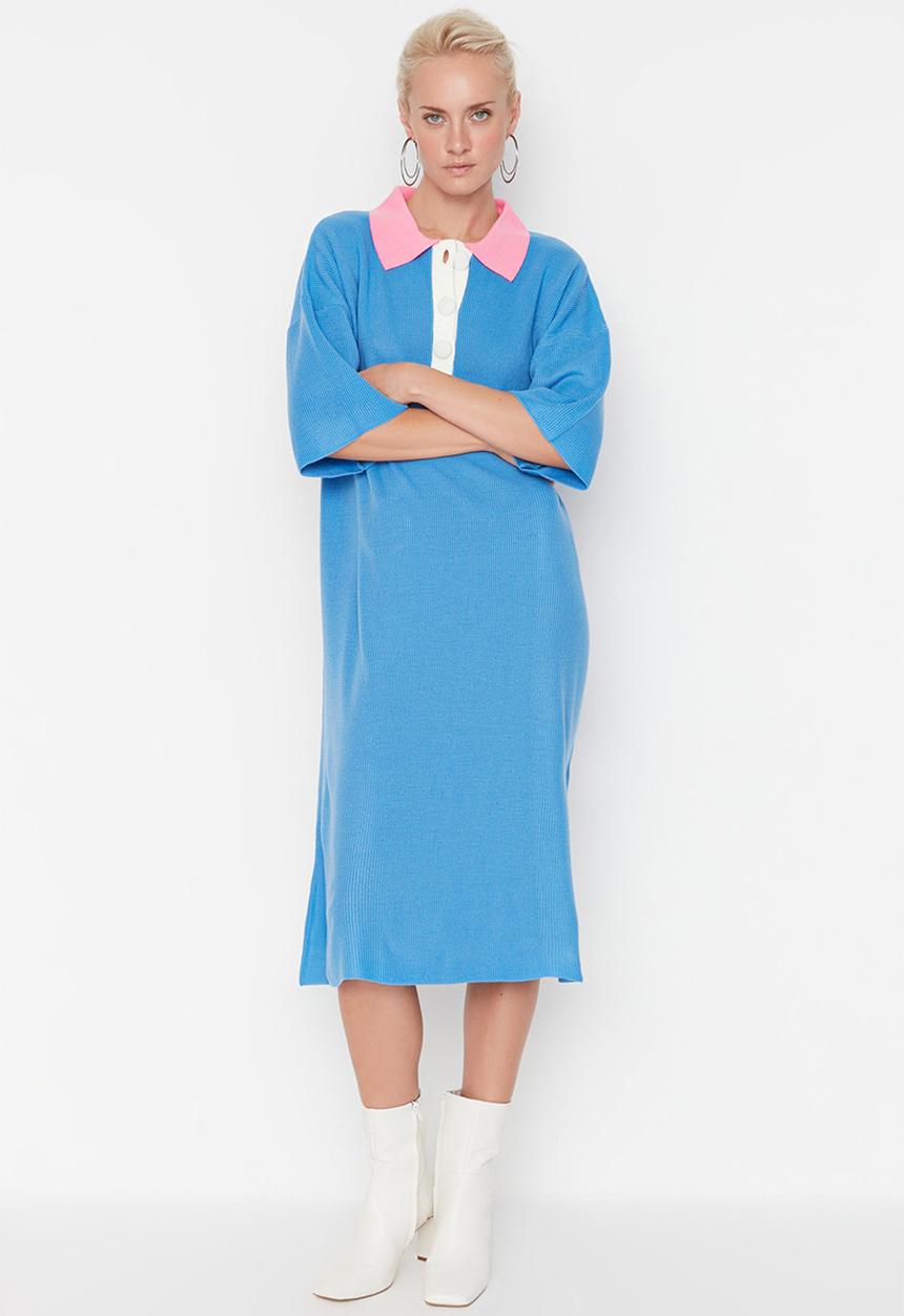 Trendyol - Polo collar midi dress - blue