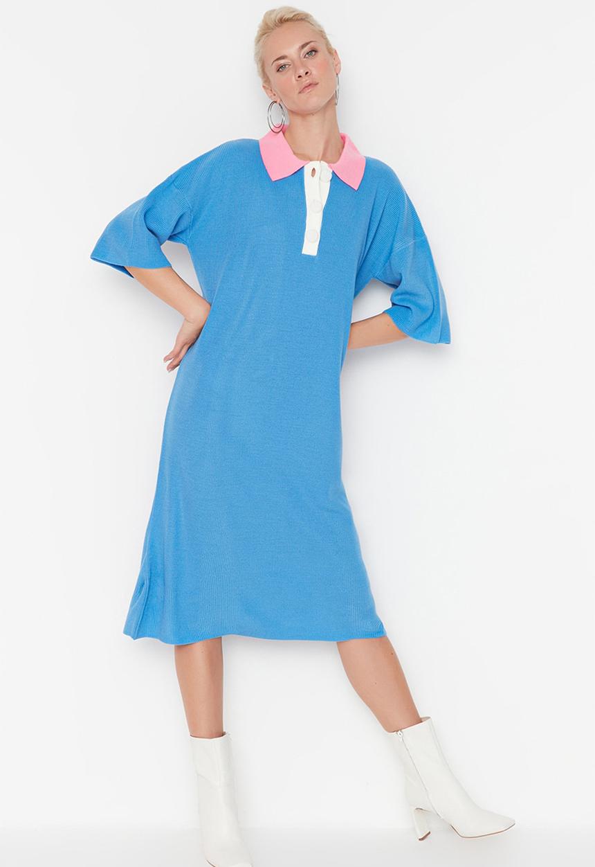 Trendyol - Polo collar midi dress - blue
