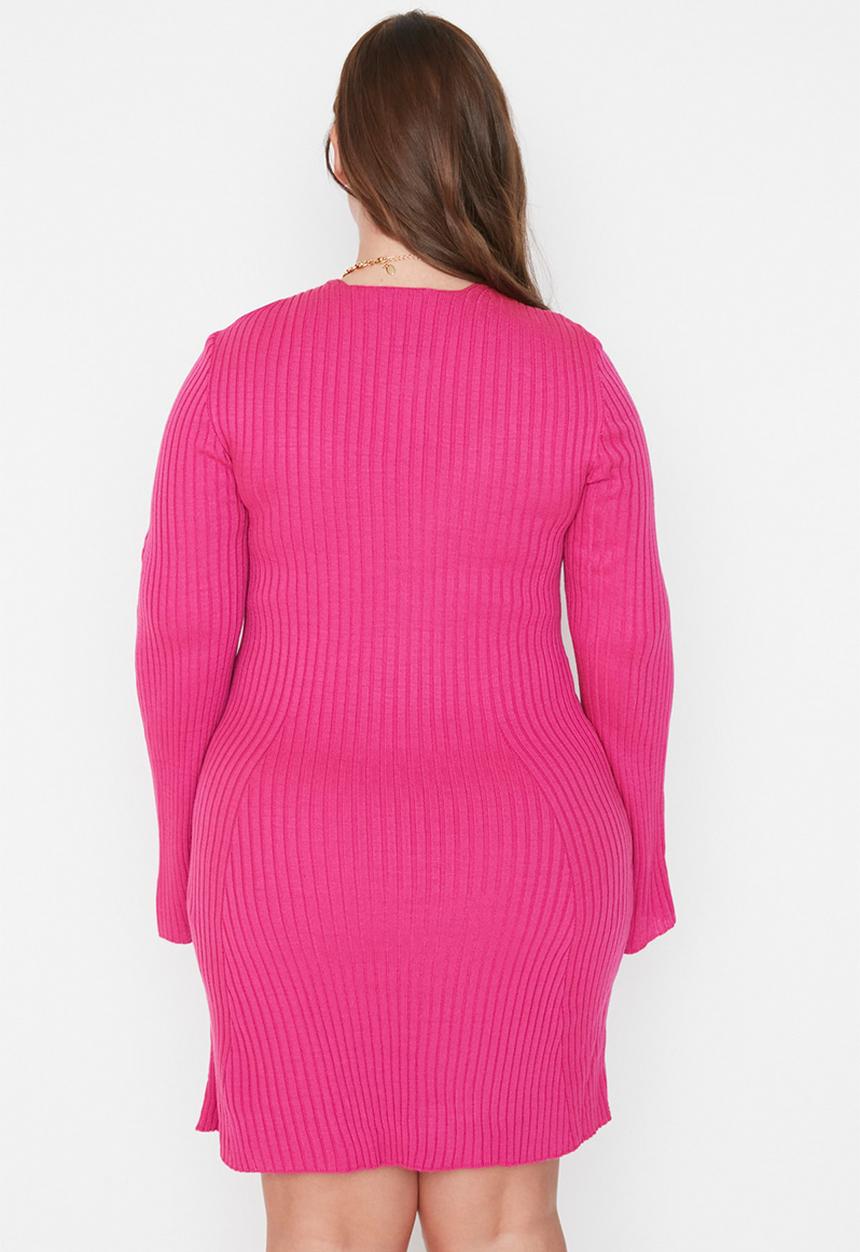 Trendyol - Plus v neck flare sleeve dress - fuchsia