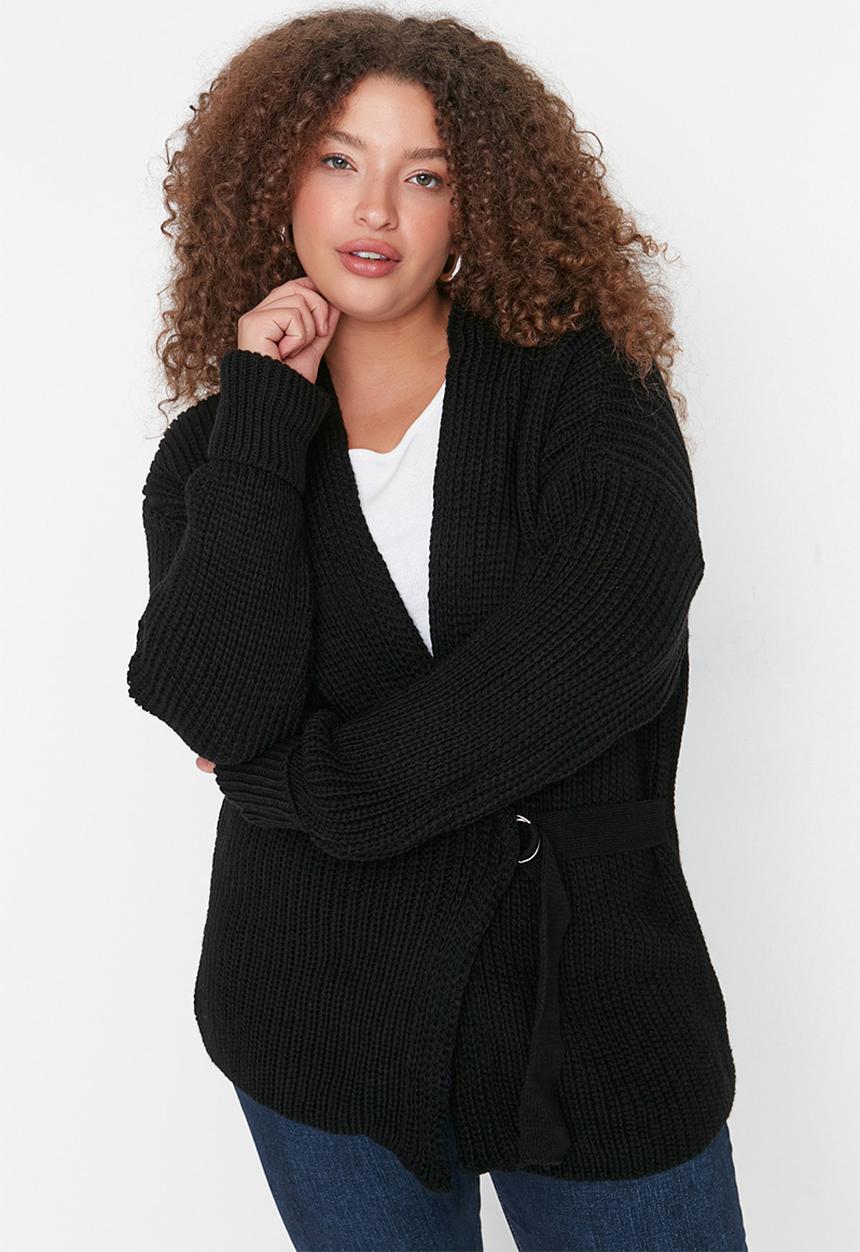 Trendyol - Plus tie waist wrap cardigan - black