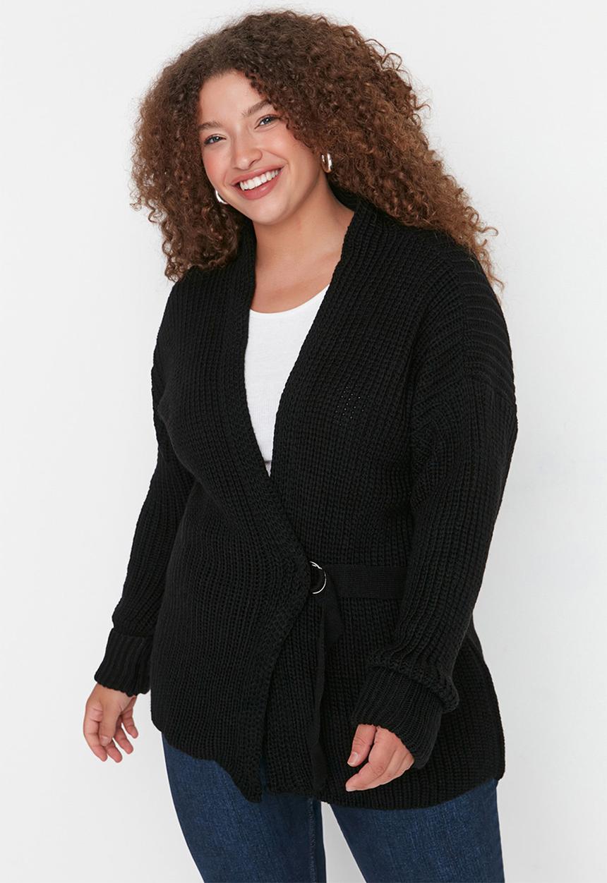 Trendyol - Plus tie waist wrap cardigan - black