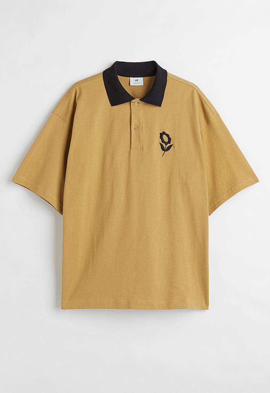 H&M - Oversized fit cotton polo shirt - mustard yellow/flower 