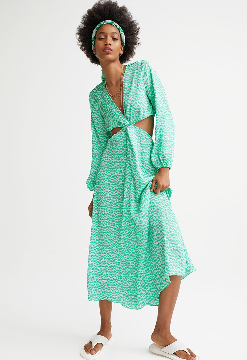 H&M - Balloon-sleeved cut-out crêpe dress - green/patterned