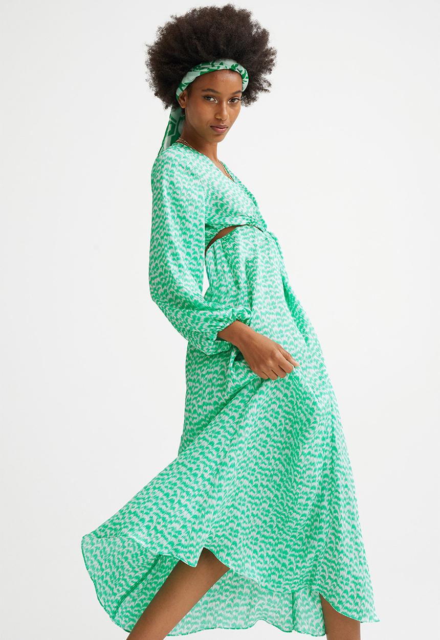 H&M - Balloon-sleeved cut-out crêpe dress - green/patterned