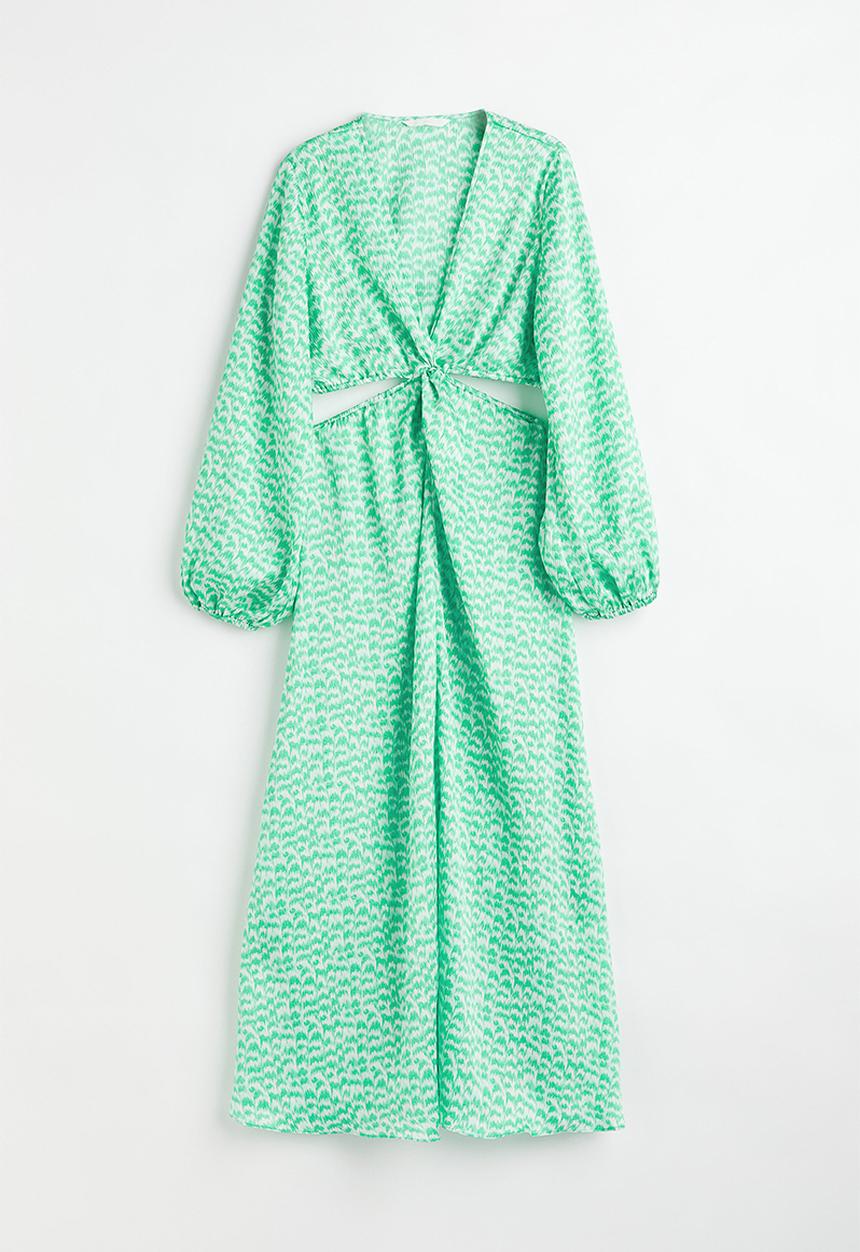 H&M - Balloon-sleeved cut-out crêpe dress - green/patterned