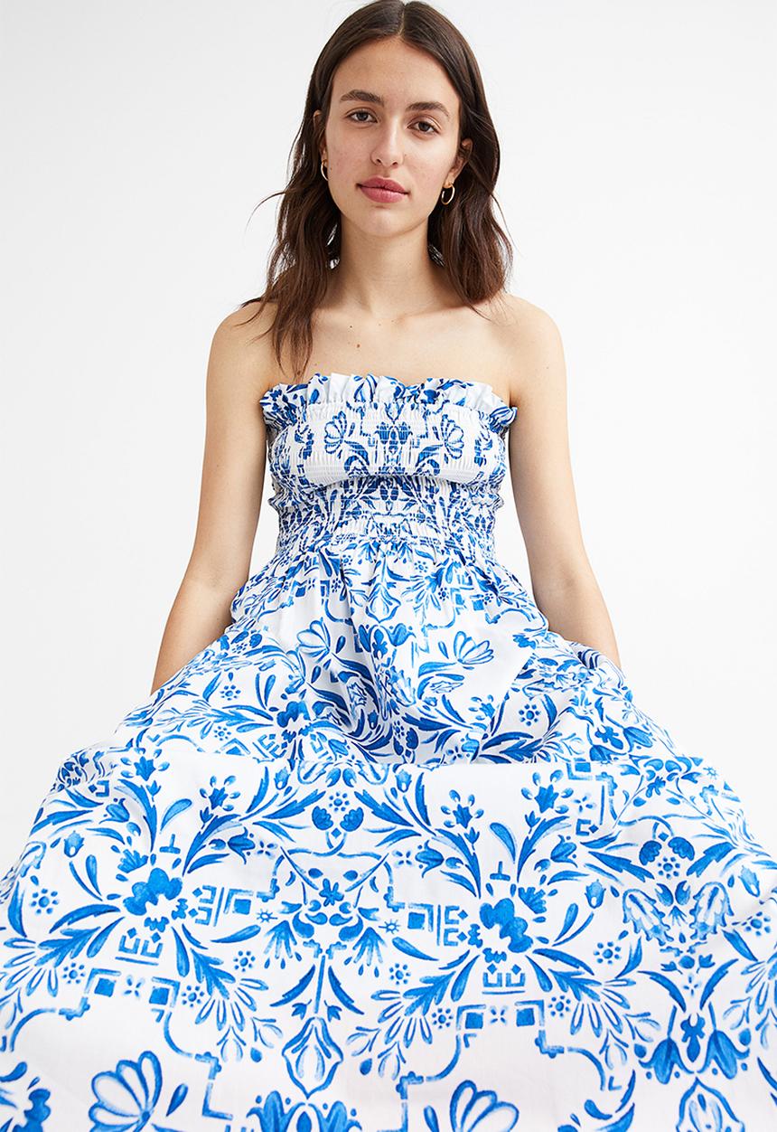 H&M - Smock-topped dress - white/blue patterned