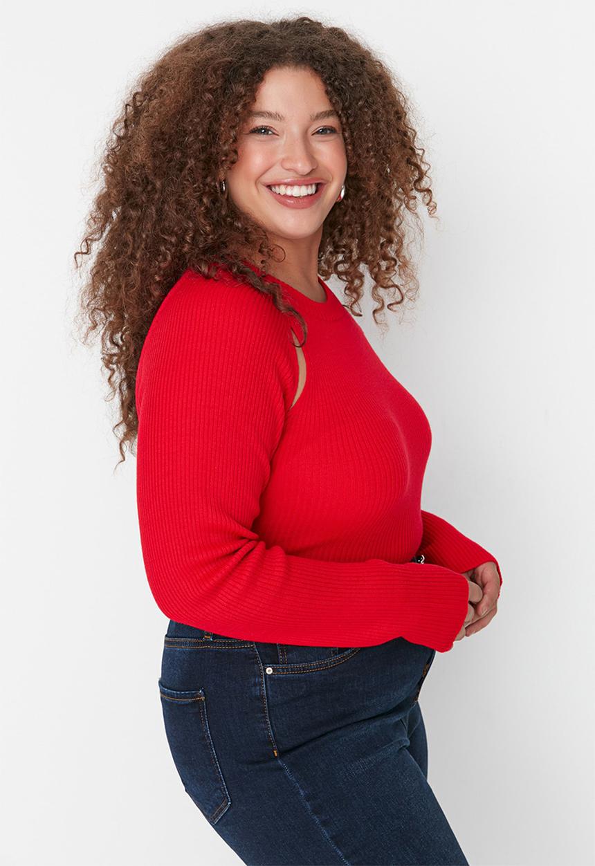 Trendyol - Plus cutout detail knit sweater - red