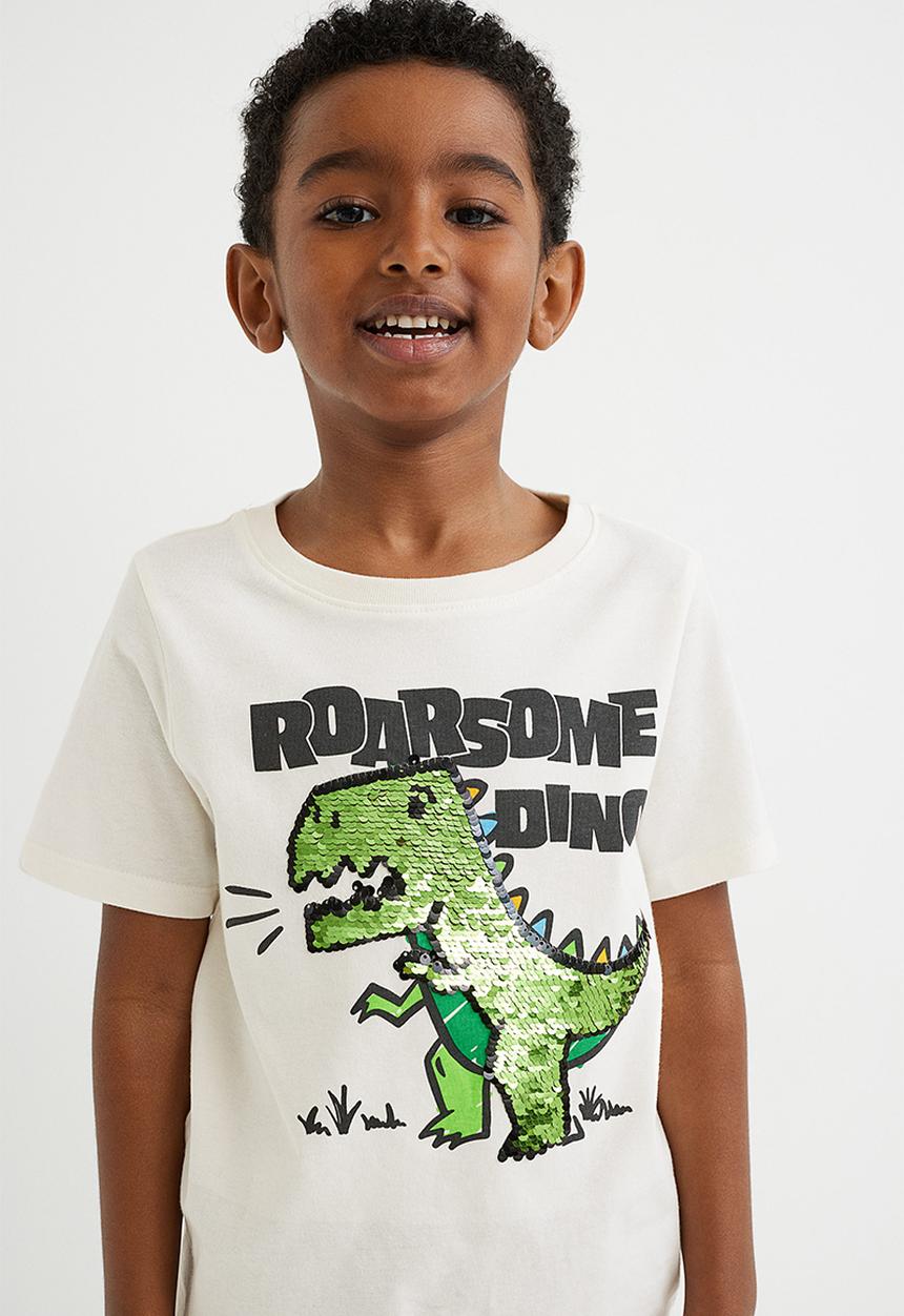 H&M - Sequinned T-shirt - natural white/dinosaur