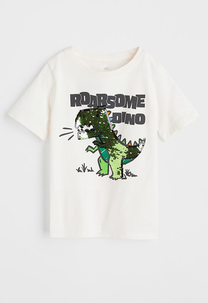 H&M - Sequinned T-shirt - natural white/dinosaur