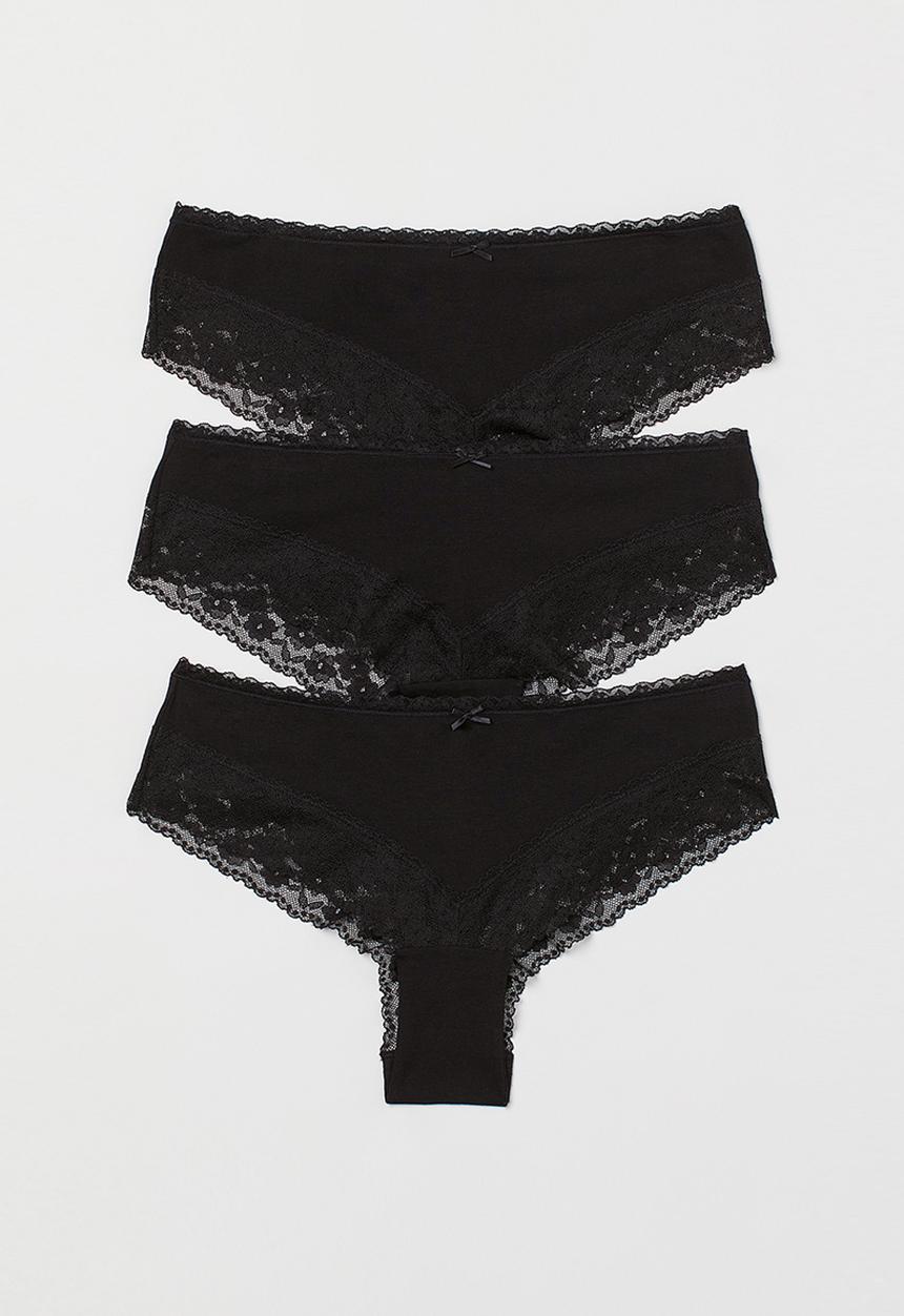 H&M - 3-Pack lace-trimmed hipster briefs - black