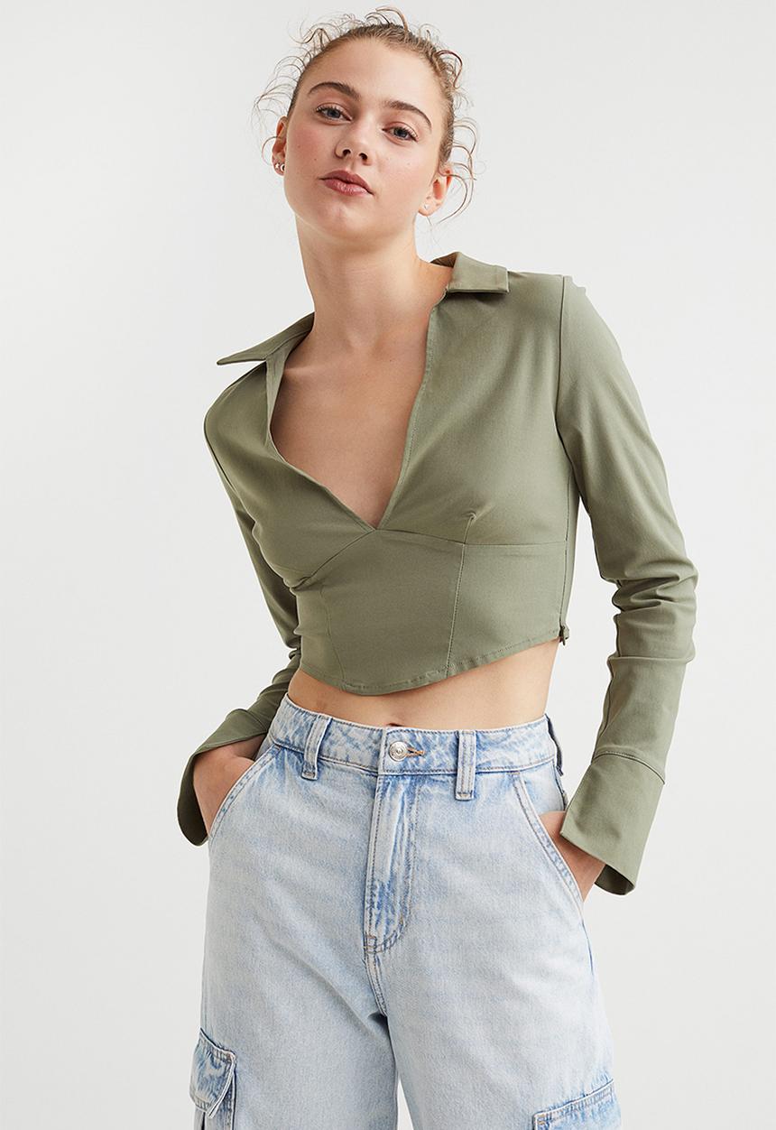 H&M - Corset-style v-neck shirt - khaki green
