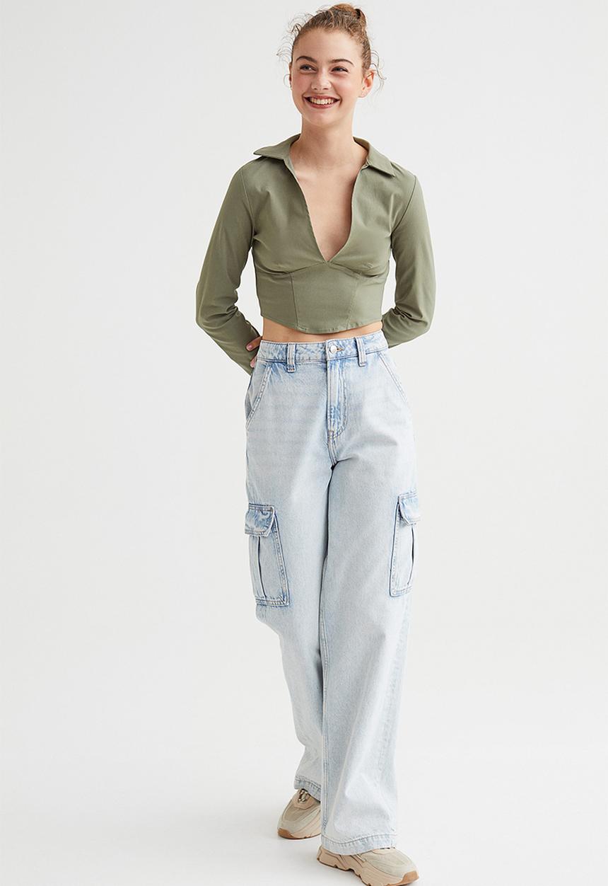 H&M - Corset-style v-neck shirt - khaki green