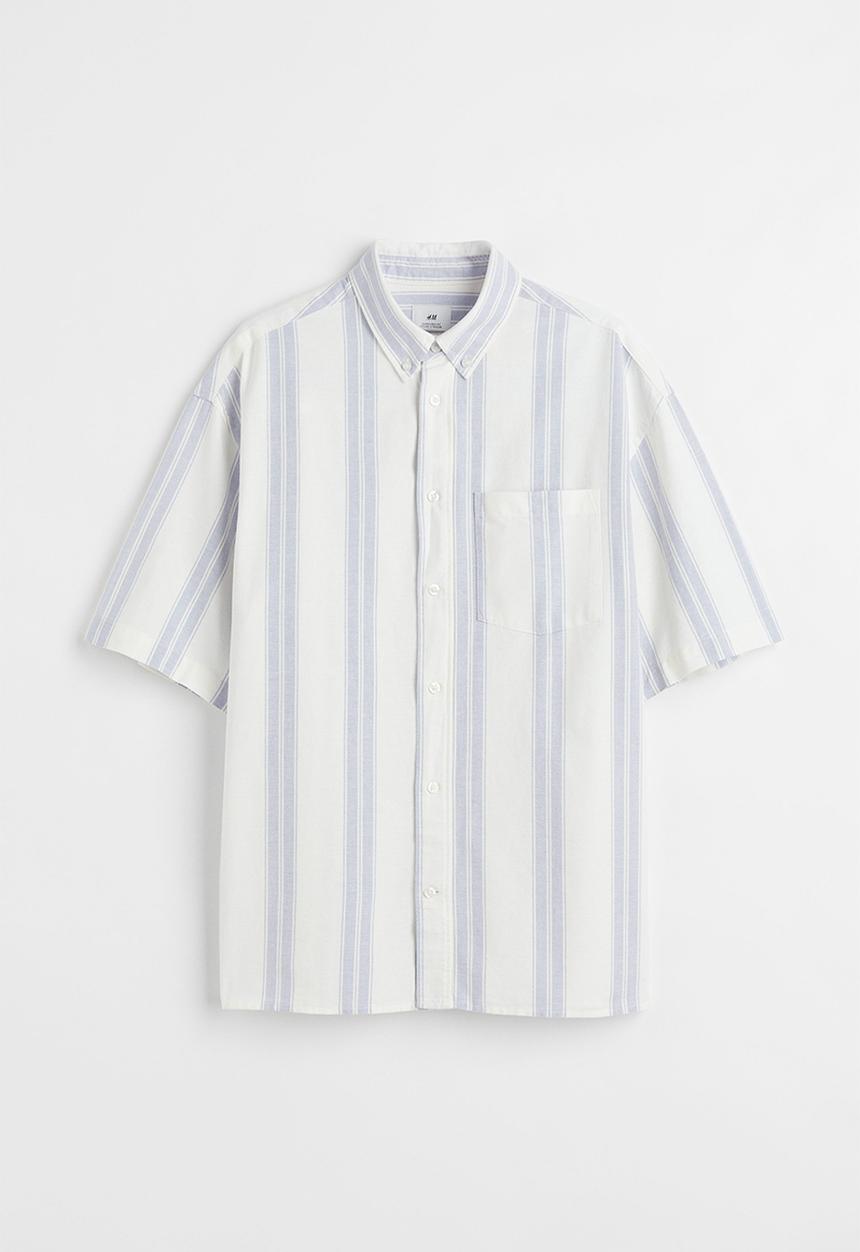 H&M - Oversized fit short sleeved oxford shirt - light blue & white 