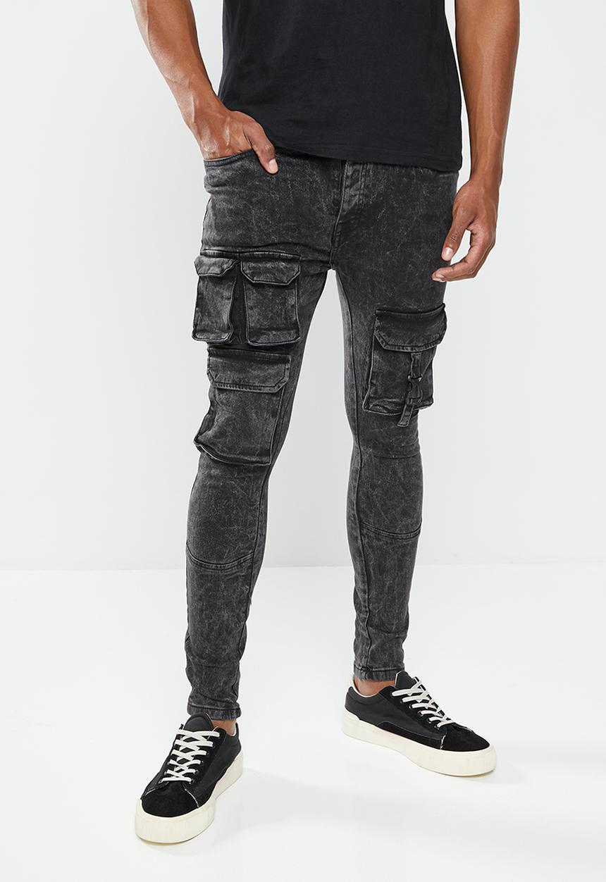 Brave Soul - Mjn-peruacid cargo denim acid wash skinny - black