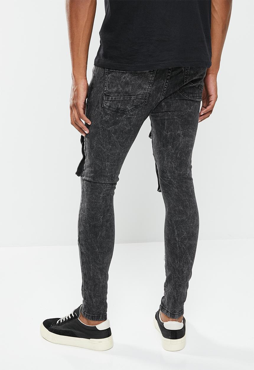 Brave Soul - Mjn-peruacid cargo denim acid wash skinny - black