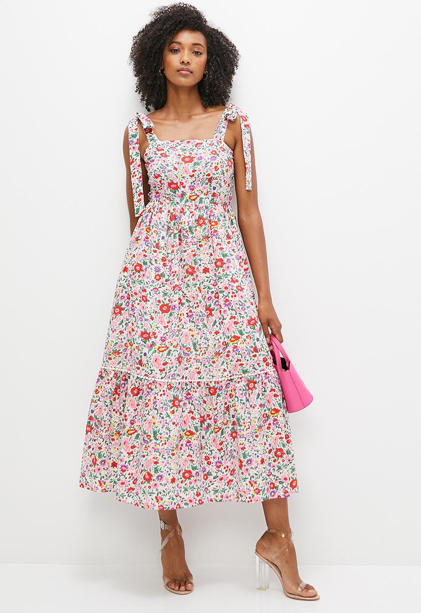 MILLA - Shoulder tie midi dress - red garden