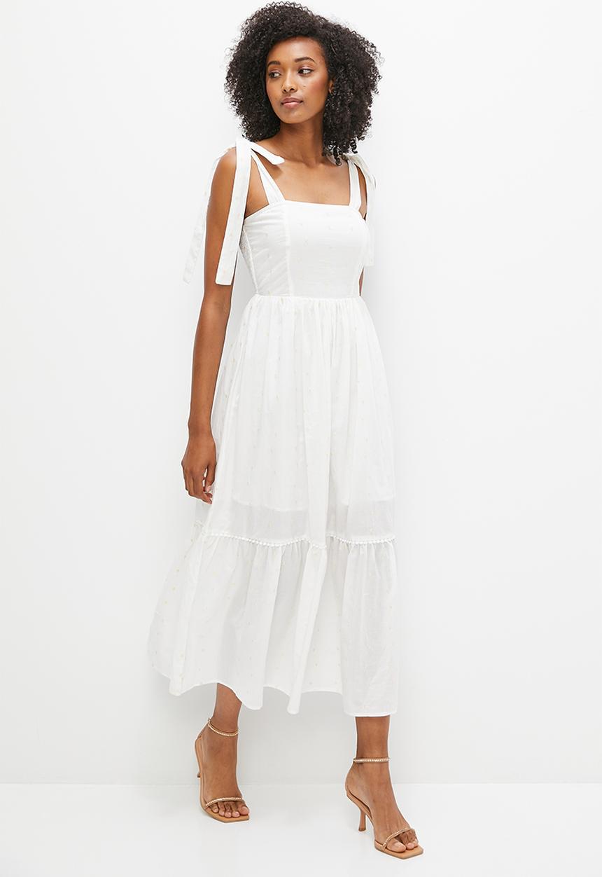 MILLA - Shoulder tie midi dress - white dobby