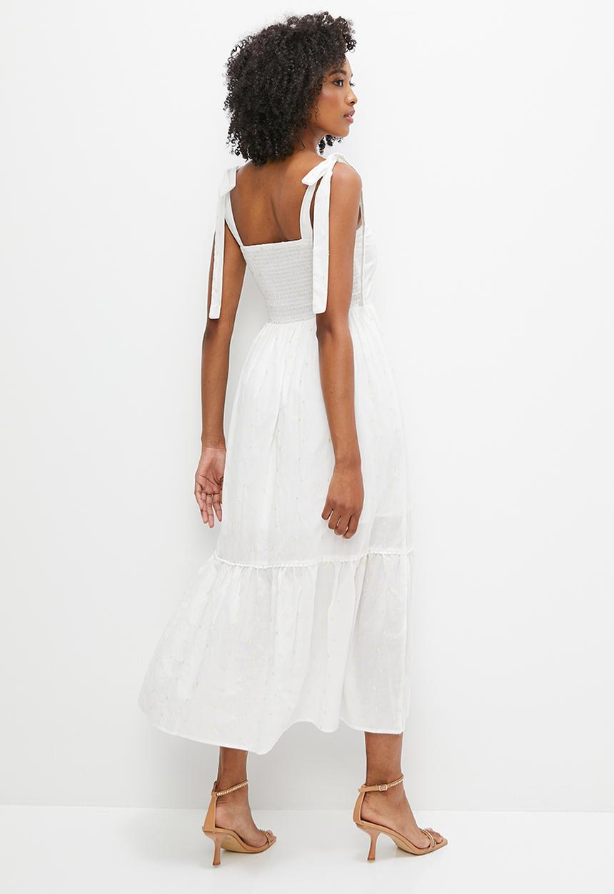 MILLA - Shoulder tie midi dress - white dobby