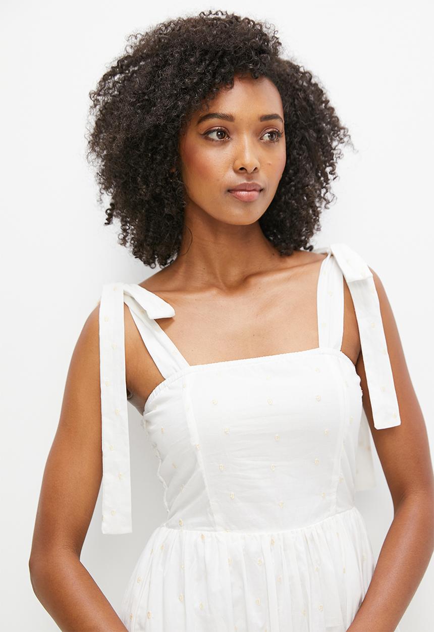 MILLA - Shoulder tie midi dress - white dobby