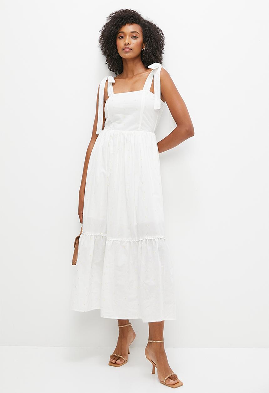 MILLA - Shoulder tie midi dress - white dobby