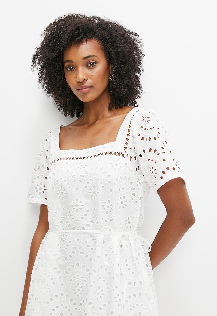 MILLA - Anglaise square neck mini dress - white