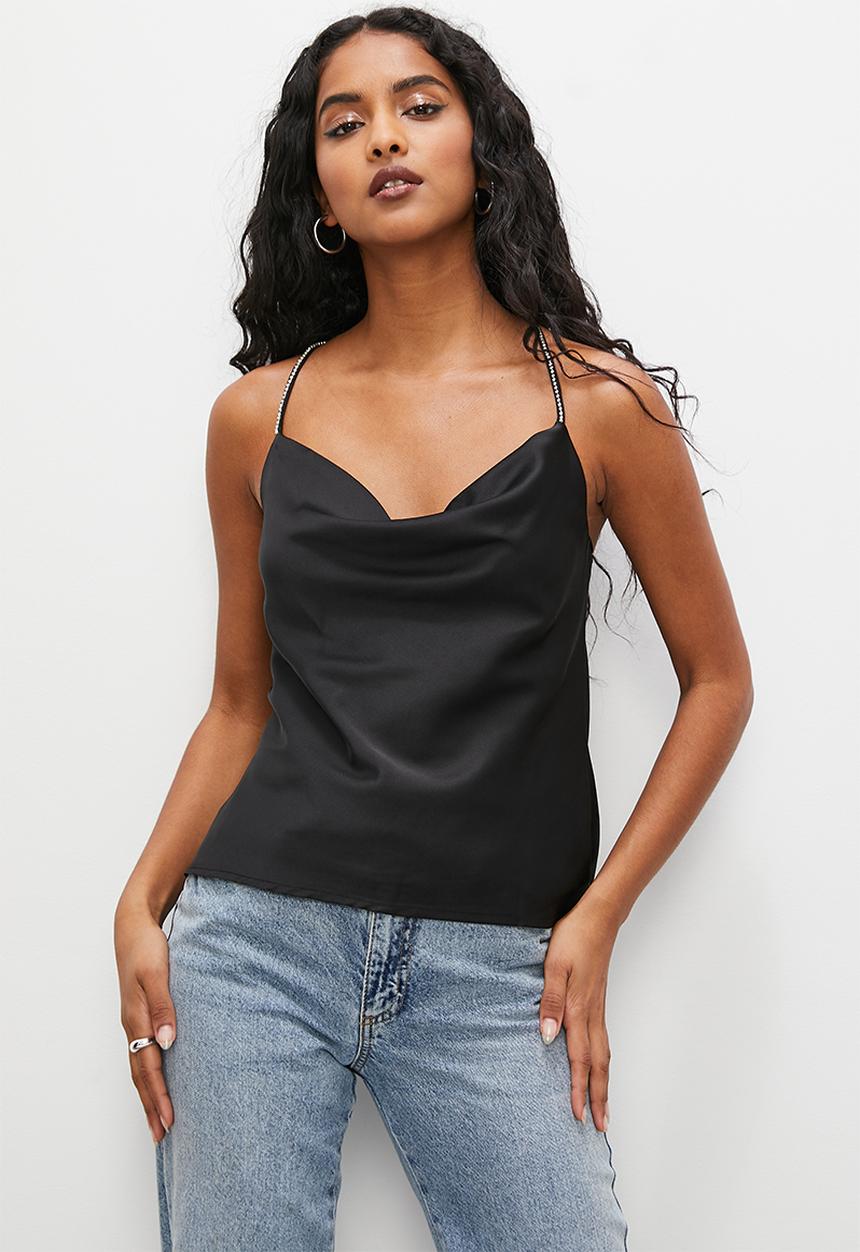 VELVET - Satin cowl cami with embellished straps - black