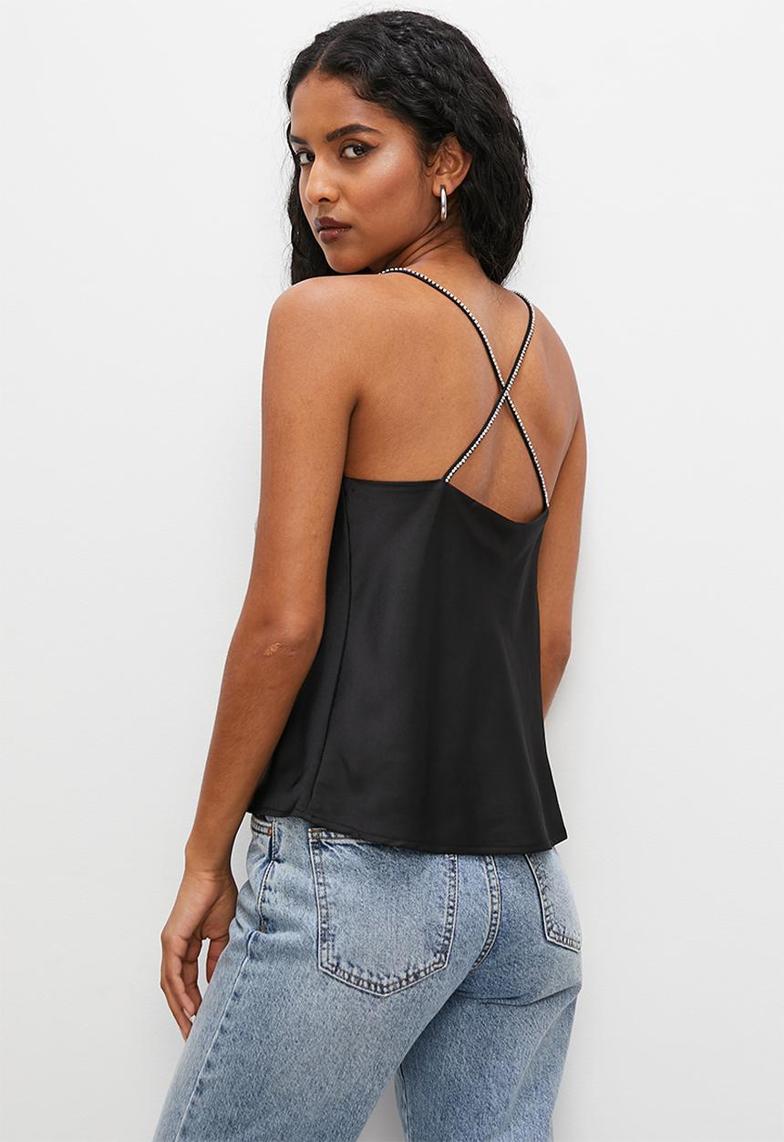 VELVET - Satin cowl cami with embellished straps - black