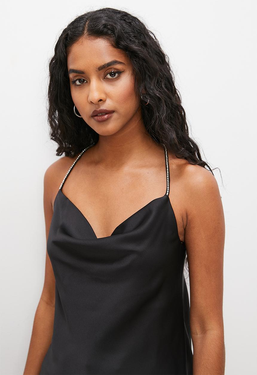 VELVET - Satin cowl cami with embellished straps - black