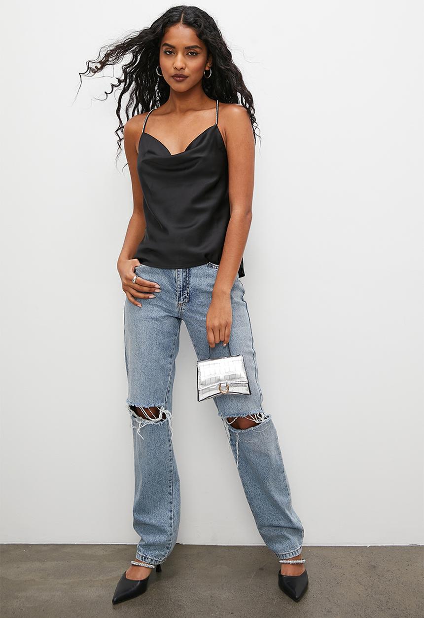 VELVET - Satin cowl cami with embellished straps - black