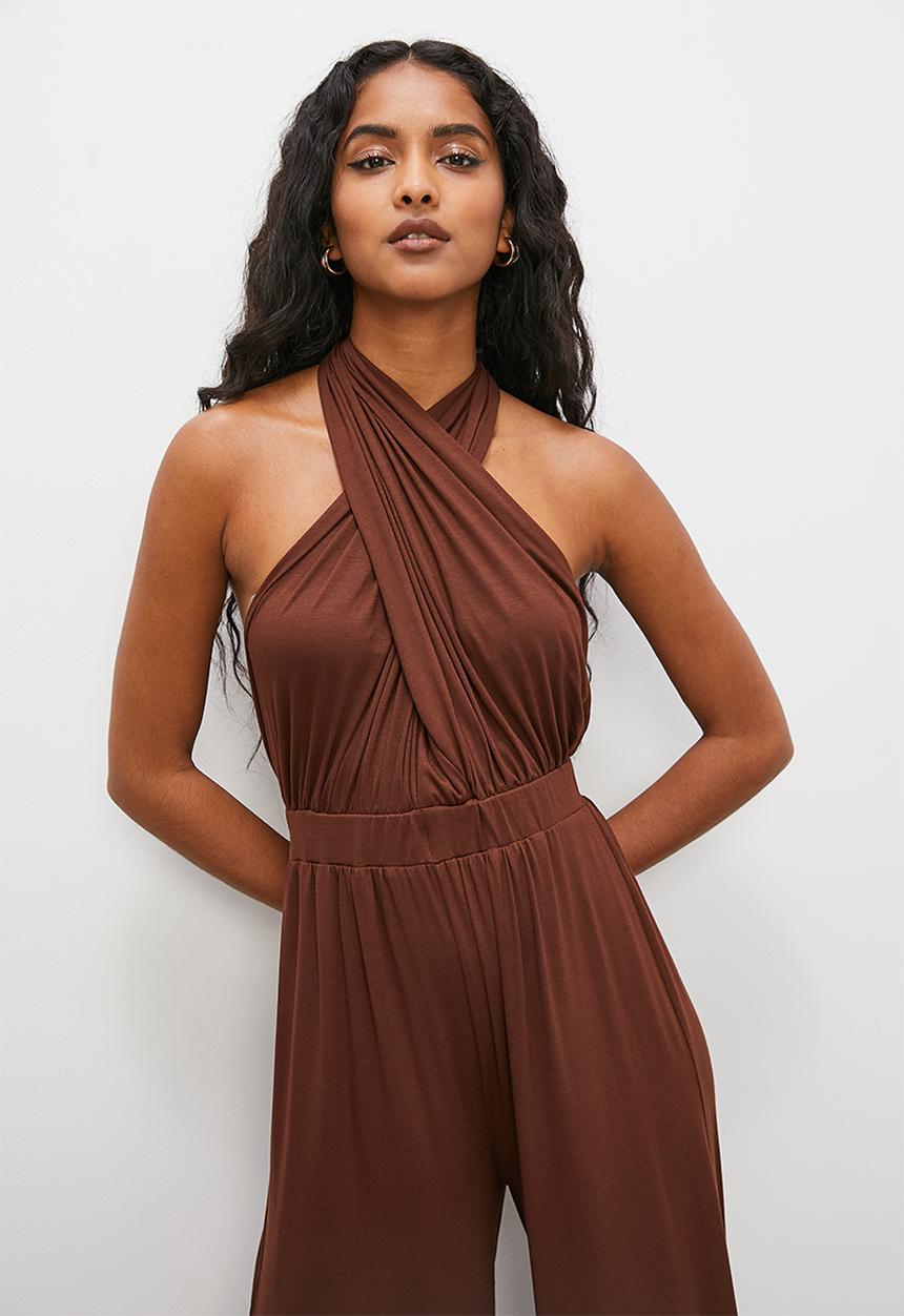 VELVET - Cross over infinity jumpsuit - chocolate