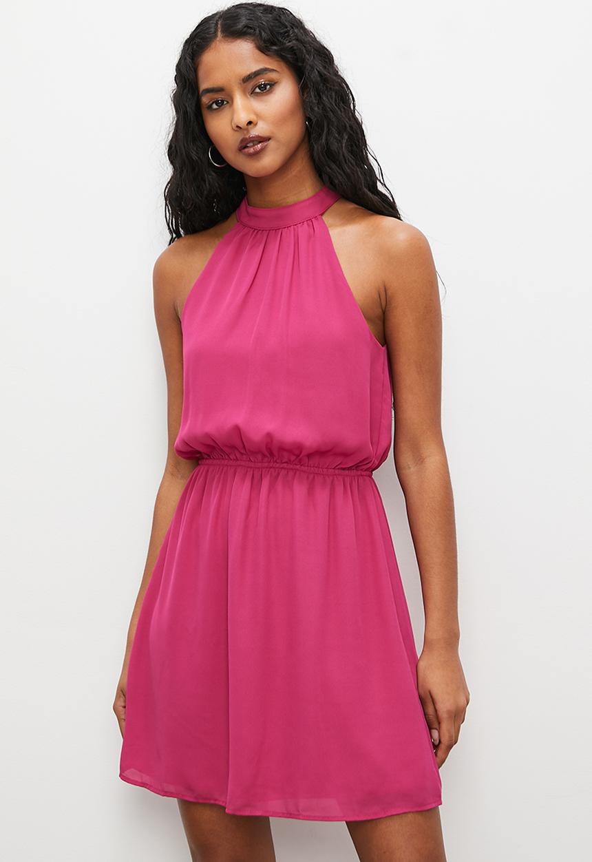 VELVET - Halter soft waisted mini dress with open back - magenta