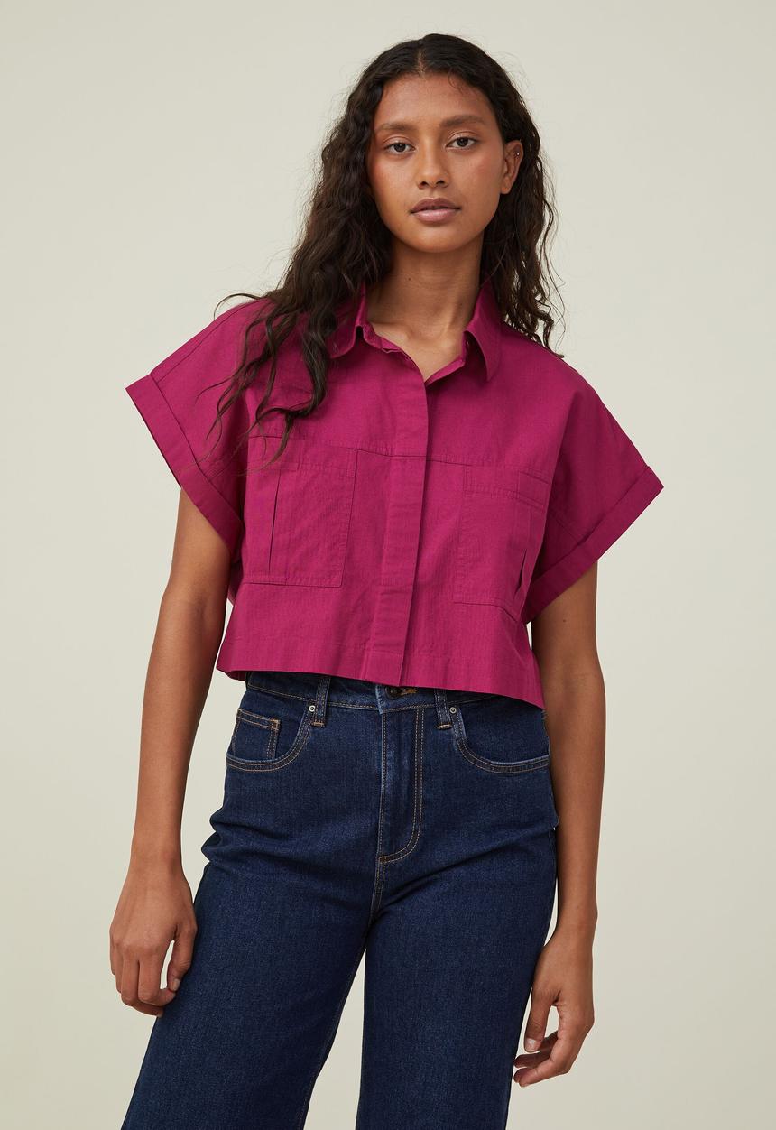 Cotton On - Cropped utility shirt - berry