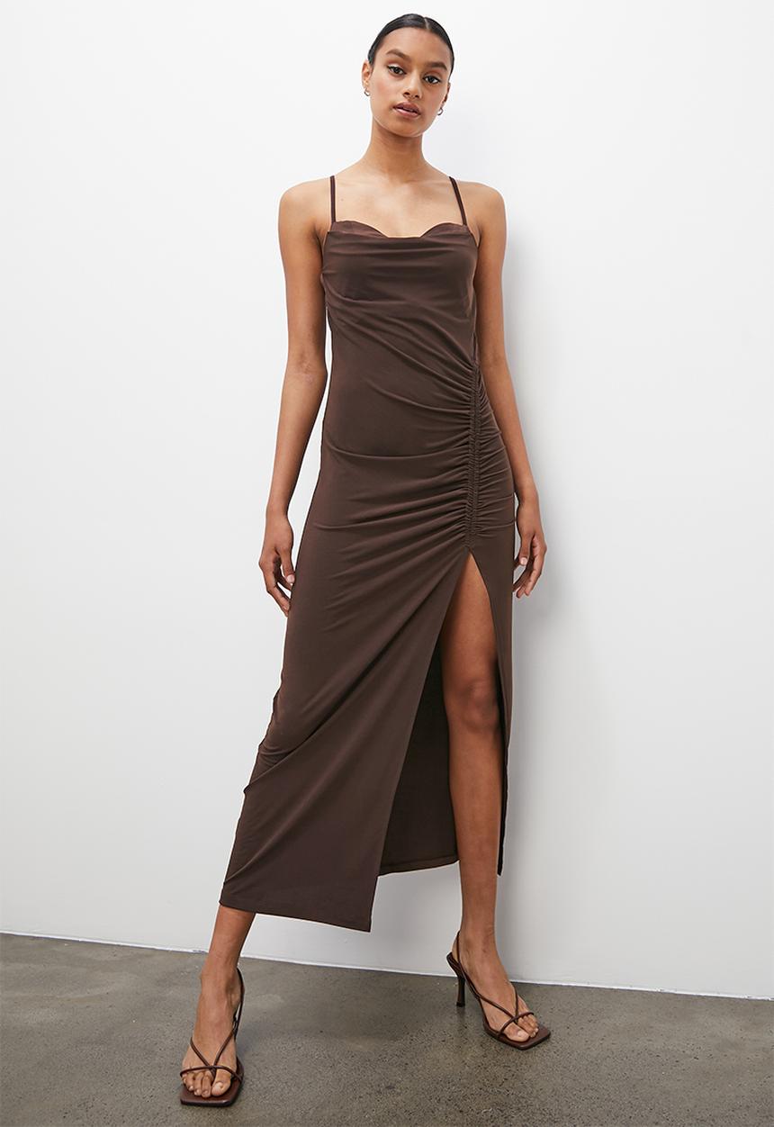 VELVET - Midi cowl neck dress with drape detail - choc