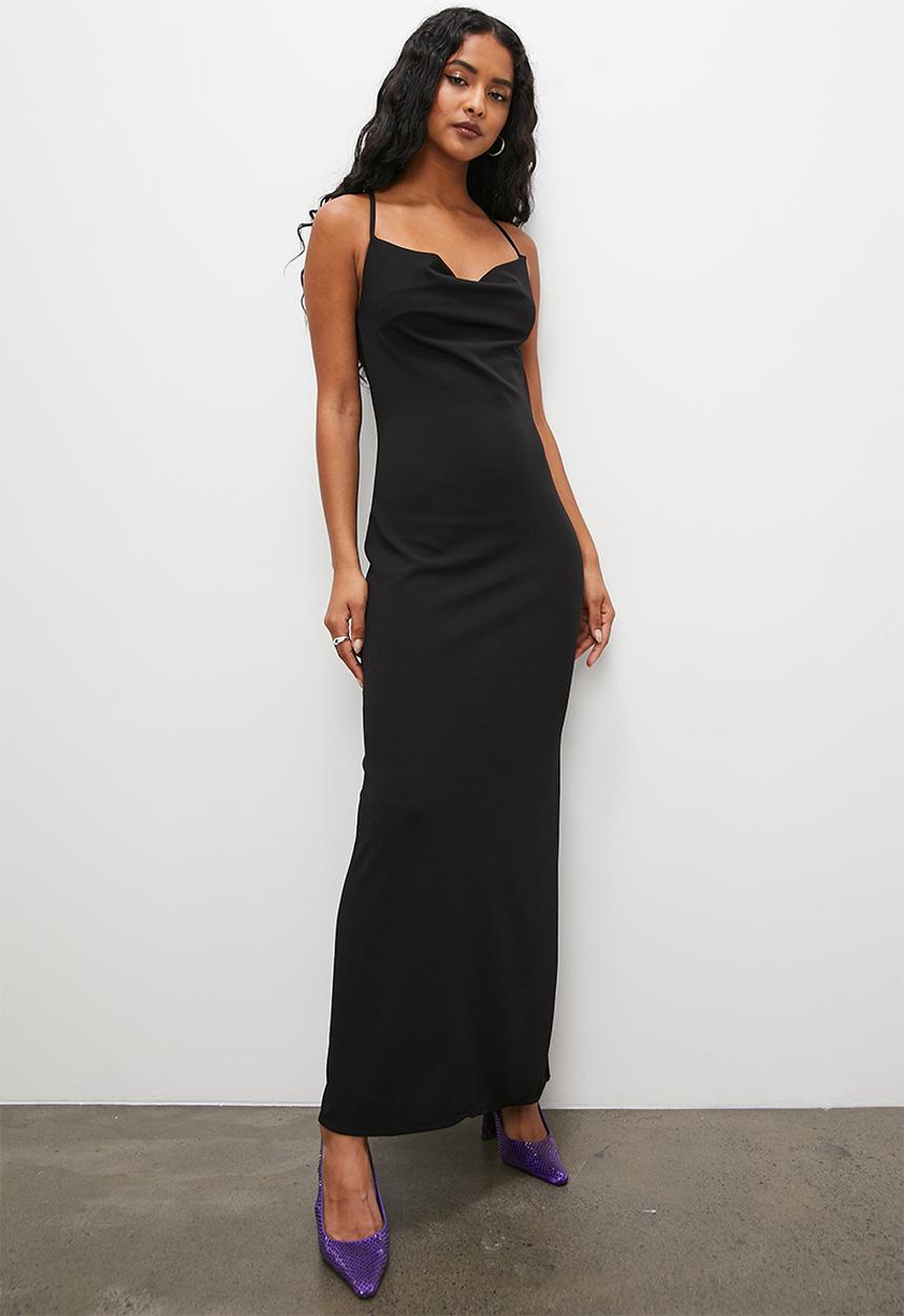 VELVET - Cowl crepe knit strappy maxi dress - black
