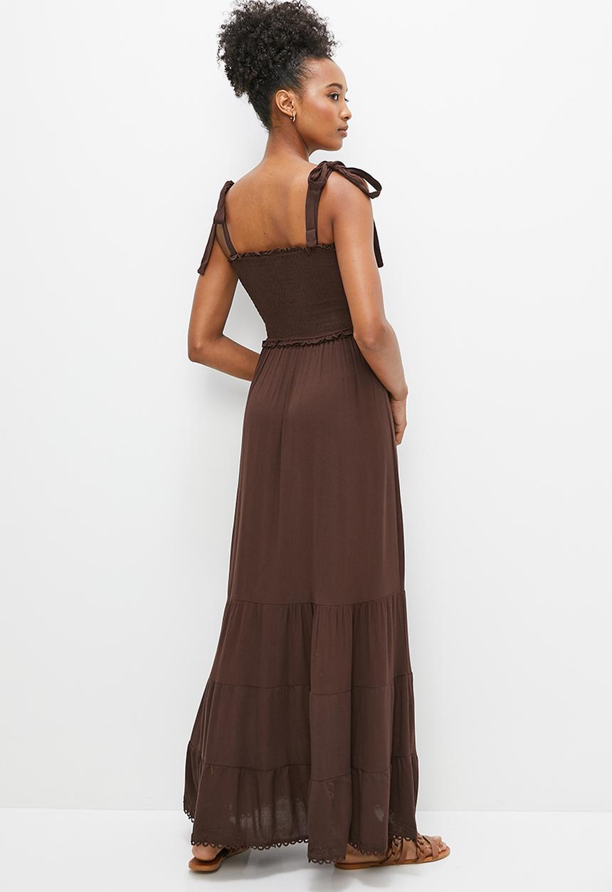 edit - Crinkle smocked tiered maxi dress - chocolate